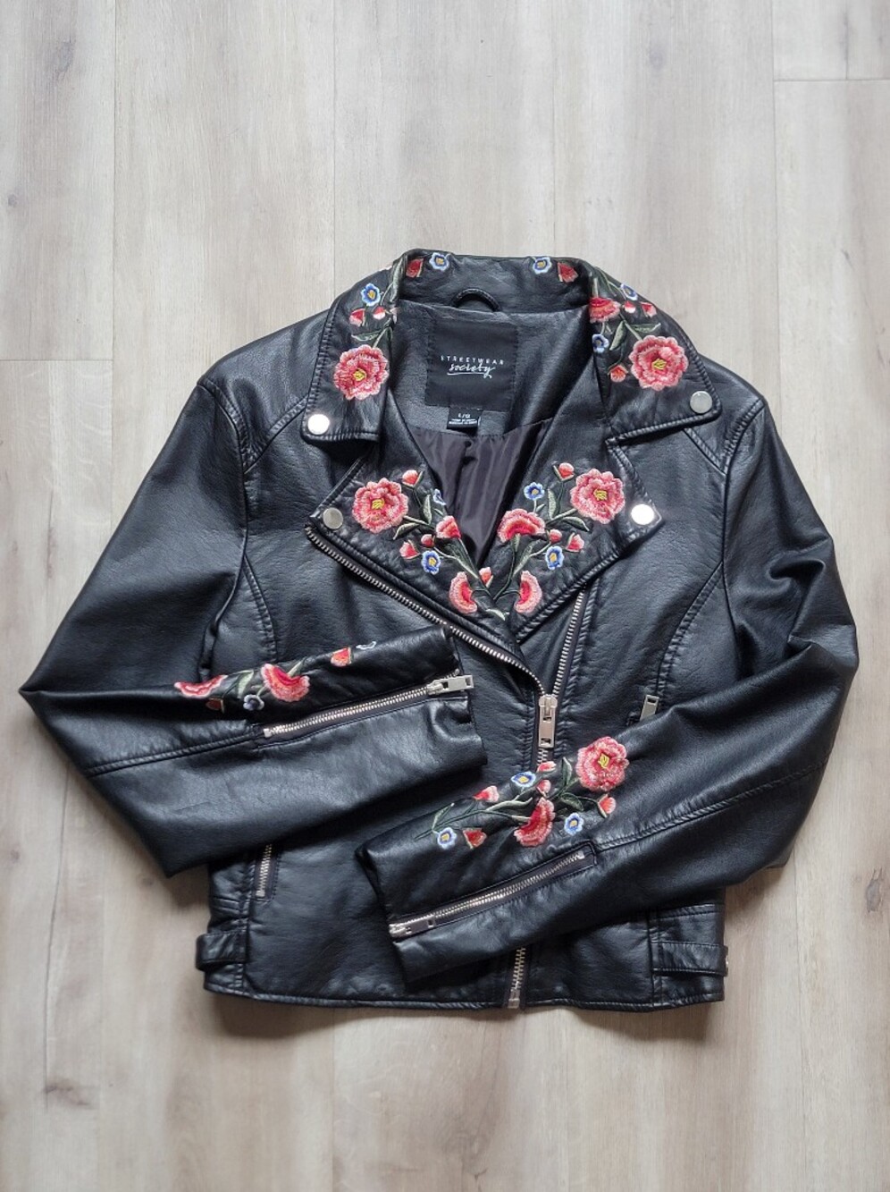 Streetwear Society Floral Embroidered Faux Leather Moto Biker Boho Jacket Size L